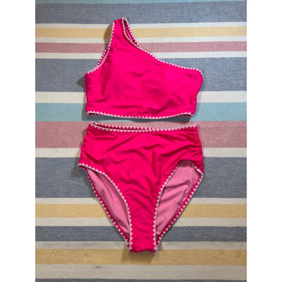 NWOT, Hot Pink One Shoulder Embroidered Bikini, Size Small - Picture 1 of 8